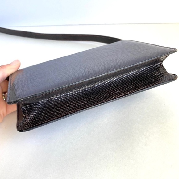 Vintage Gucci Lizard Skin Shoulder Bag Brown Reptile Purse Tigers Eye Clasp 80s - Picture 9 of 13